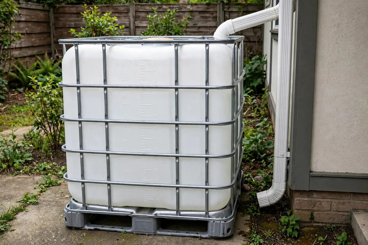 IBC-Wassertank im Garten